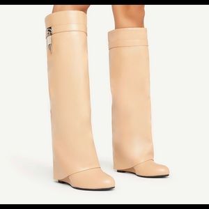 PADLOCK DETAIL WEDGE HEEL KNEE HIGH LONG BOOT IN NUDE FAUX LEATHER